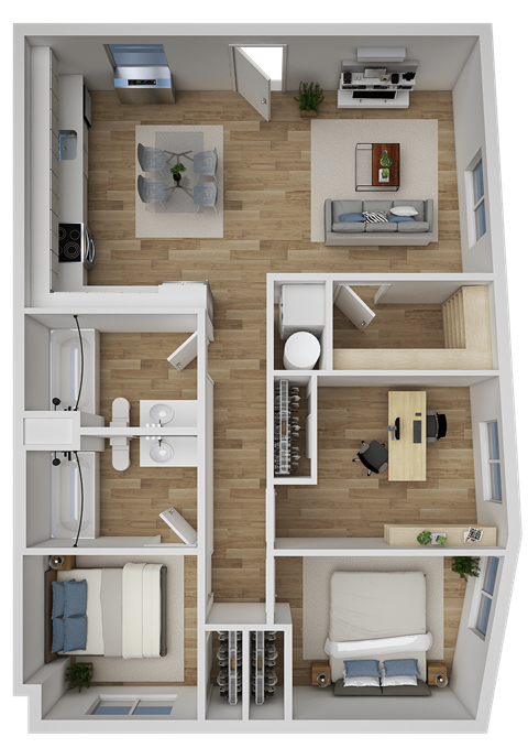 Floor plan for 3 beds, 2 baths, 1089 sqft